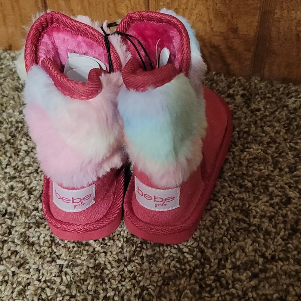 BEBE GIRLS DARK PINK Rainbow faux fur BOOTS: NWT: TODDLER 6